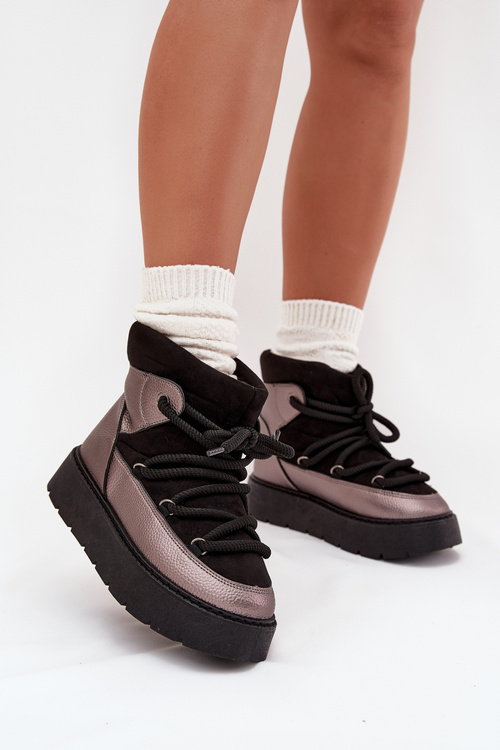 Low Women's Snow Boots Insulated With Fur With Thick Lacing Black Xarina