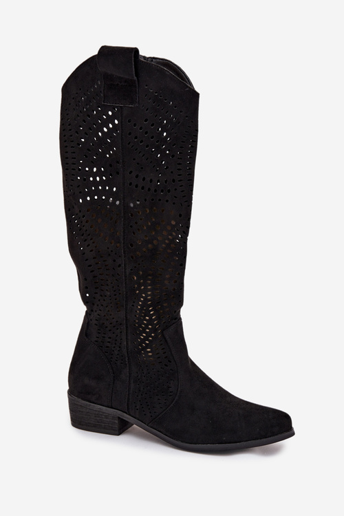Openwork Women's Knee-High Block Heeled Boots Black Fioris