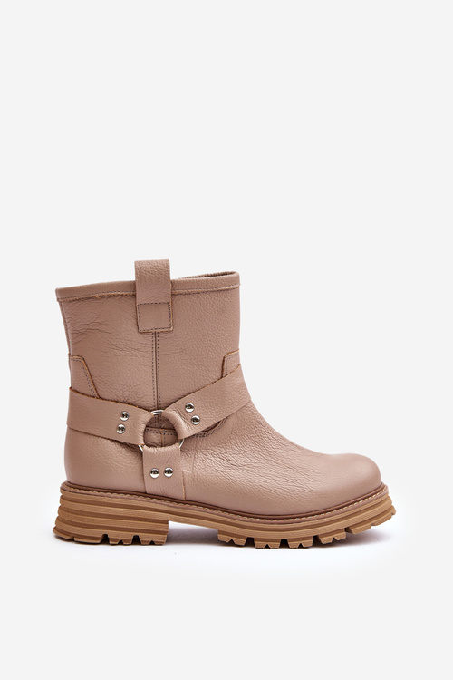 Botki Na Płaskim Obcasie Skórzane Damskie Beżowe Lewski 3610