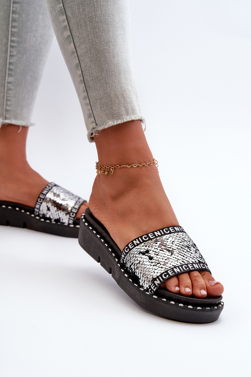 Damskie Klapki Ozdobione Cekinami Czarno-Srebrne Rivanique