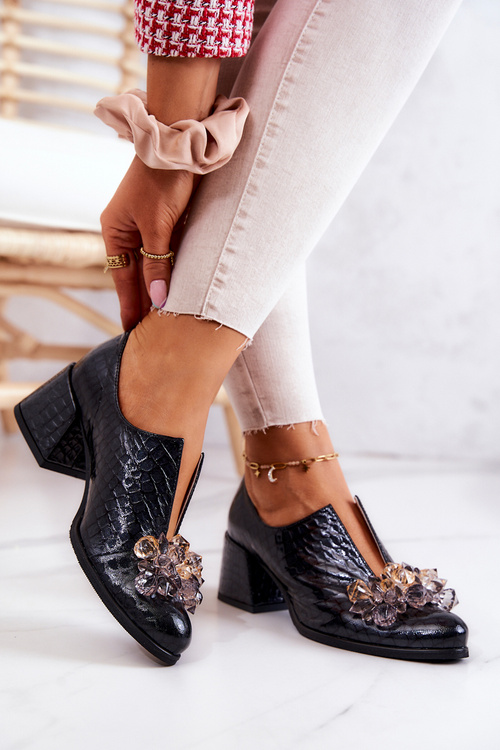 Leather Brogues Crocodile Pattern With Ornament Black Delaver