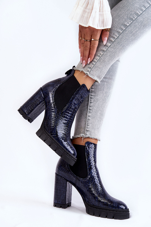 Lacquered boots Snake pattern on a post Navy blue Eldey
