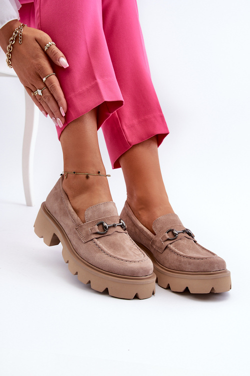 Mokasyny Masywne Zamsz Damskie Beżowe Neloria 7888