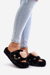 Ladies Fur Slippers With Bear And Decorative Elements Black Innalise