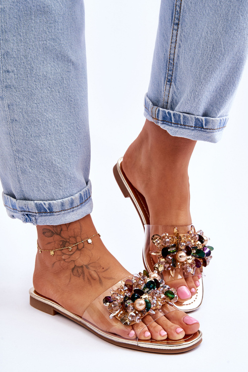 Klapki Damskie Ozdobne Kamienie Złote S.Barski KV-576-3