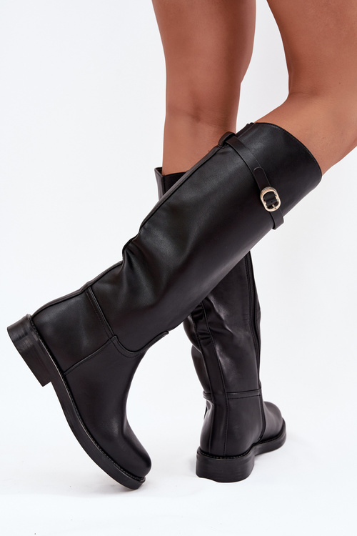 Women's Flat Heel Boots with Strap and Gold Buckle Black Sylvena