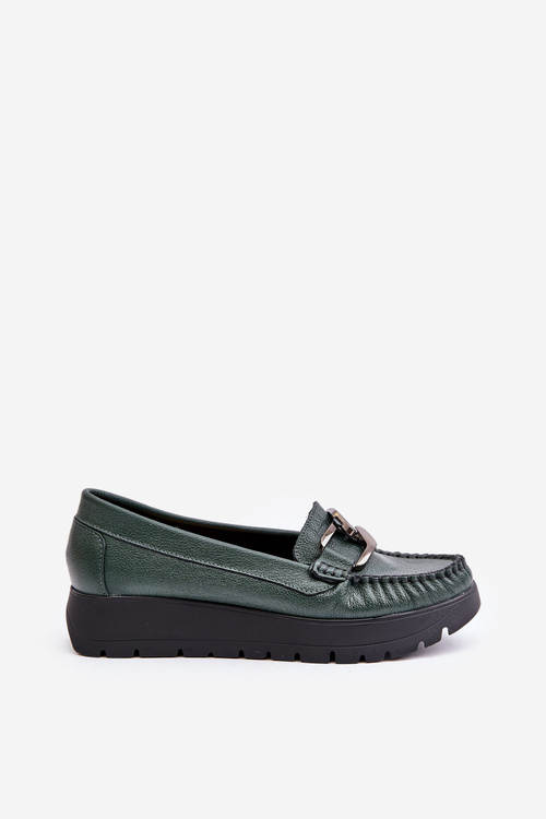 Leather Moccasins On Platform With Decoration Dark Green Zazoo 10141
