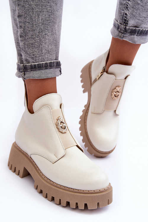 Women's Leather Boots with Decoration Light Beige Lusanna