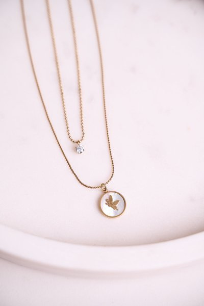 Double Necklace Butterfly and Cubic Zirconia Gold Butterfly