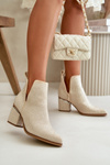Embellished Women's Heeled Boots with Pointed Toes Beige Fararia