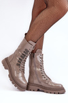 Botki Workery Damskie Sznurowane Lakierowane S.Barski MR870-72 Ciemnobeżowe 