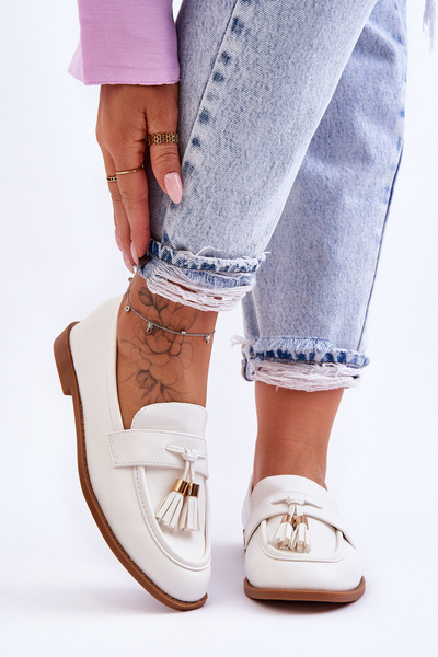 Classic Fringed Leather Loafers White Camis