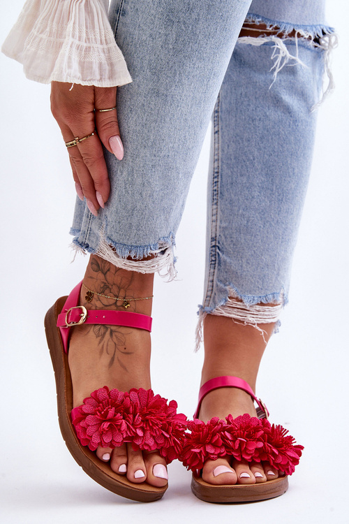 Women's Sandals With Textile Flowers Fuchsia Fiori