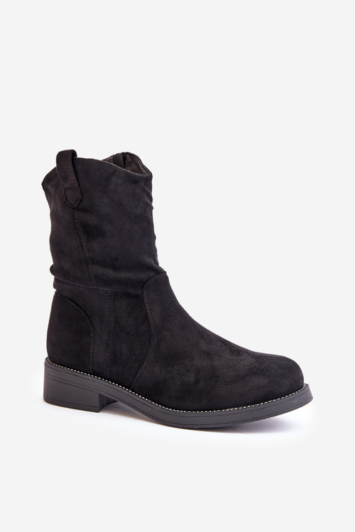 Warm Women's Ankle Boots With Wrinkling And Decoration Black Etteara