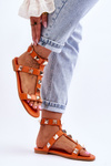Women's Leather Sandals With Large Studs Orange Mishigan