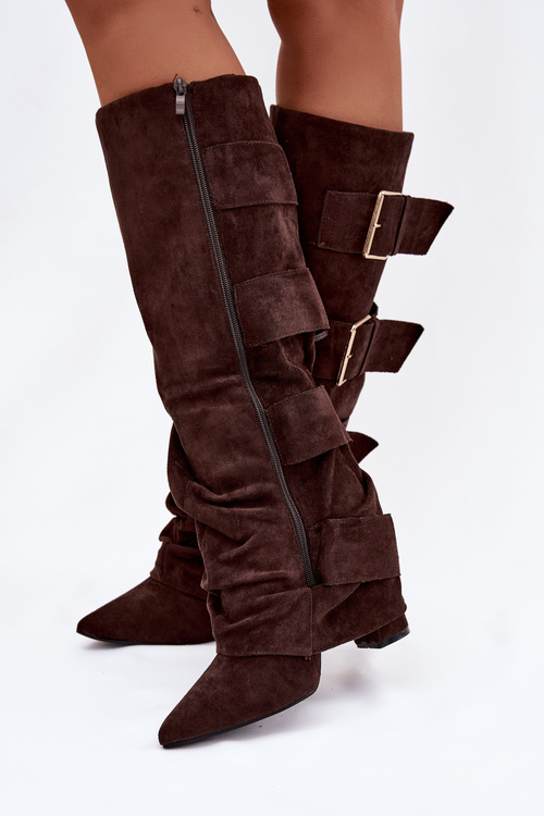 Women's High Heel Boots with Turned Top and Gold Clamps Eco Suede Chocolate Isavelle