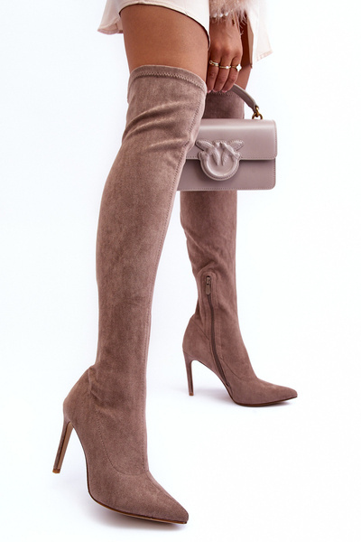 Women's Suede Over The Knee Boots On Heel Beige Calfi