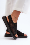 Women's Flat Sandals Adorned with Black Flowers Abidina