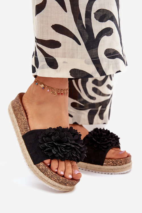 Women's Platform Slippers With Decorative Flowers Black Tessara