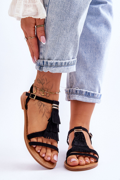 Women's Flat Suede Boho Sandals Black Lucami