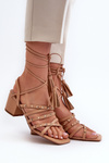 Lace-up sandals with low heels embellished with studs Camel Chrisele
