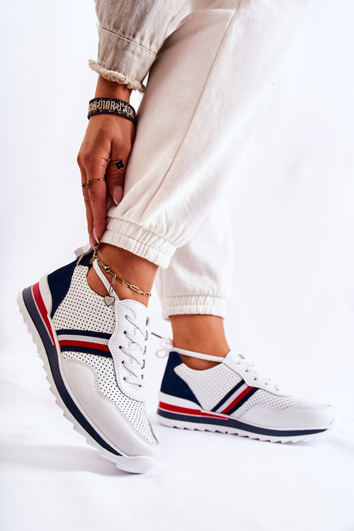 Women's leather sport shoes white and navy blue Jane
