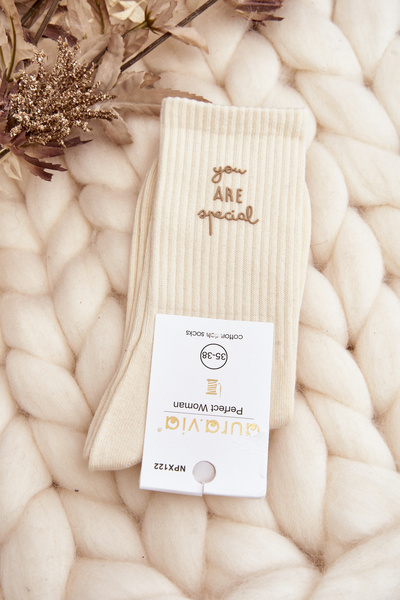 Women's Plain Socks With Light Beige Text