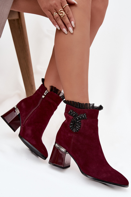 Suede Leather Women's Ankle Boots On Heel With Decoration Insulated D&A MR52-127 Bordeaux