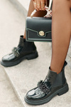 Leather Patent Ankle Boots With Decoration Slip On Warm Black Solimav