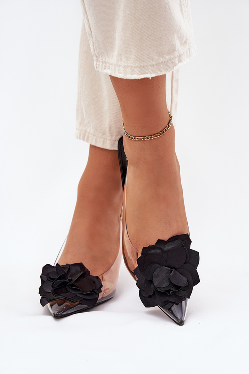 Transparent High Heel Sandals With Decorative Flower Black Risalie