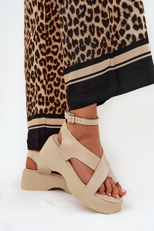 Women's sandals on platform and wedge eco leather beige Tenzorus