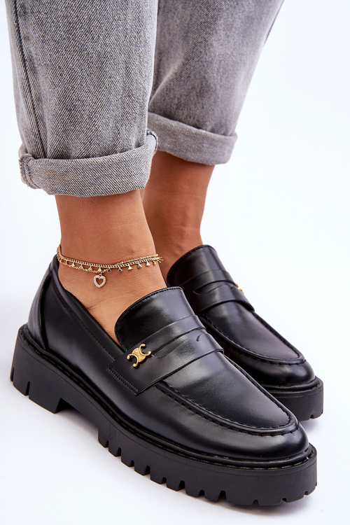 Leather Moccasins With Ornament Black Esperta