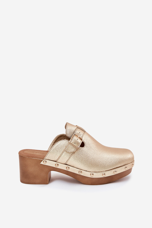 Damskie Chodaki Klapki Na Obcasie Eko Skóra Pasek Z Klamrą Złote Veldexina