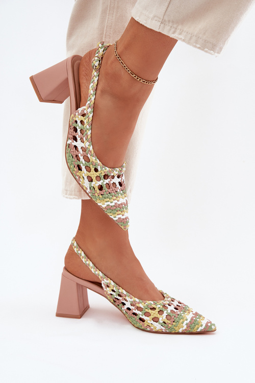 Woven Block Heel Sandals Pink Ebina