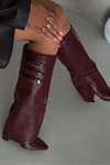 Women's Heeled Boots Turned Shaft Straps With Buckles Burgundy Nirisa