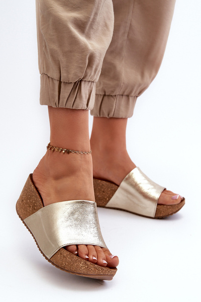 Zazoo 40289 Leather Women's Clogs on Cork Wedge Gold