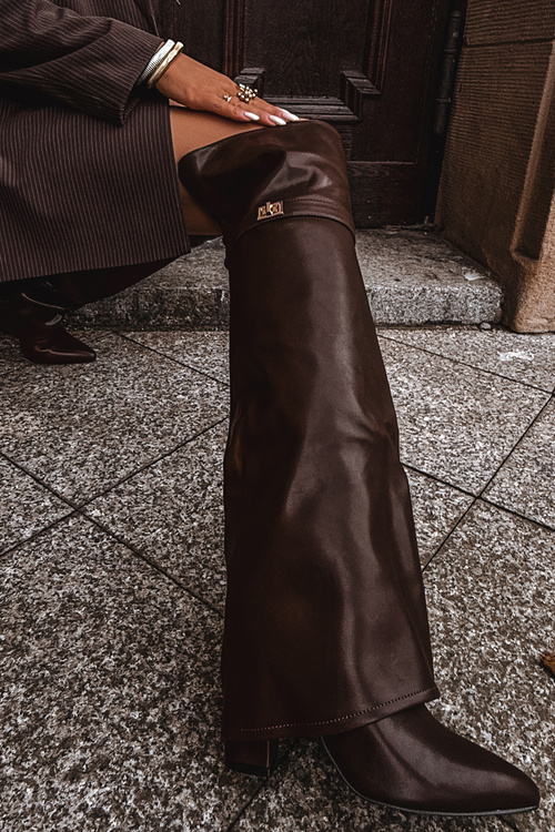 Kozaki Wywinięta Cholewka Za Kolano Obcas Słupek Ocieplane Brązowe Serelle