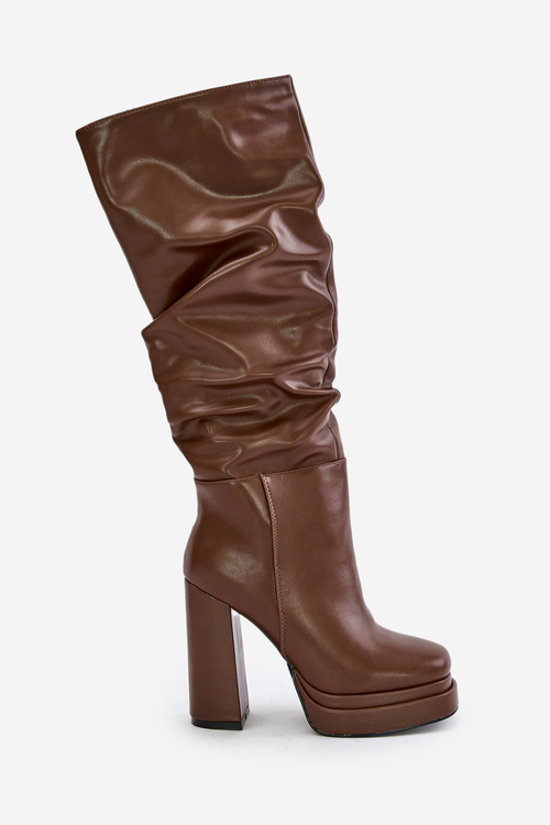 Slip-On Knee-High Boots With Heels And Platform With Gathering Insulated Brown Beridra