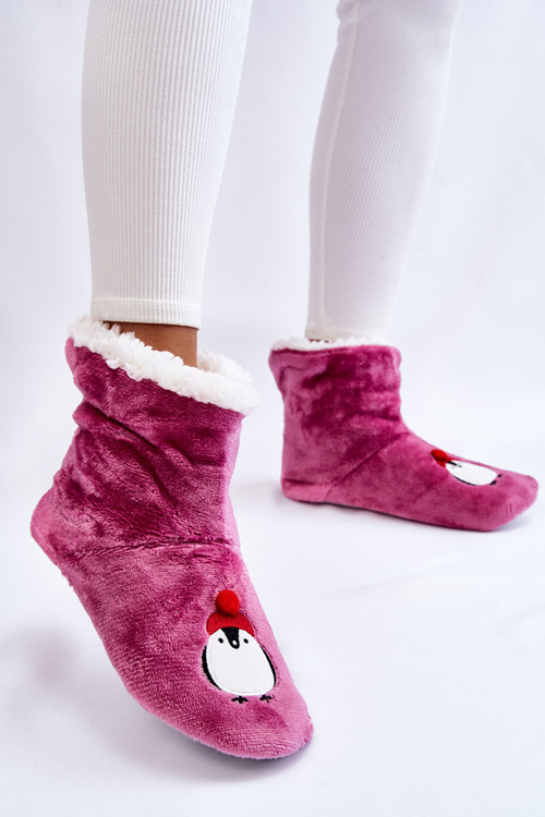 Papcie Damskie Wsuwane Ocieplane Pingwiny Fioletowe