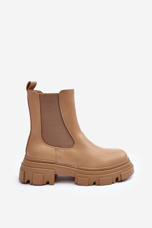 Leather Ankle Boots on Flat Heel and Platform Beige Solita