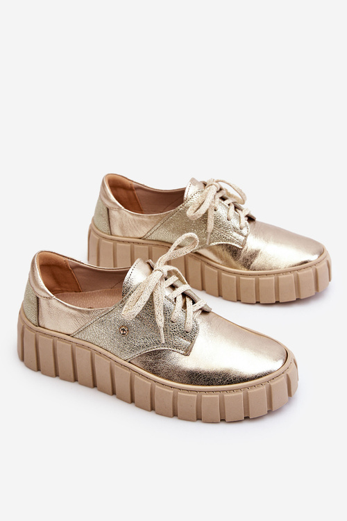 Półbuty Skórzane Masywna Platforma Złote Zazoo 10128