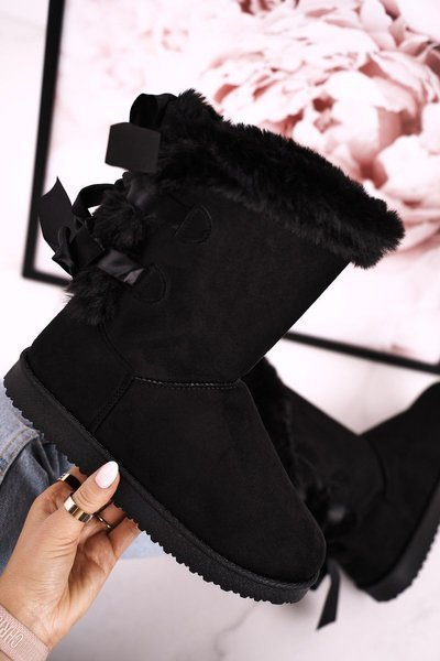 Women's Snow Boots With Ribbon Insulated With Fur Black Kaylee