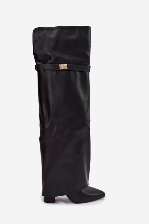 Kozaki Wywinięta Cholewka Za Kolano Obcas Słupek Ocieplane Czarne Serelle