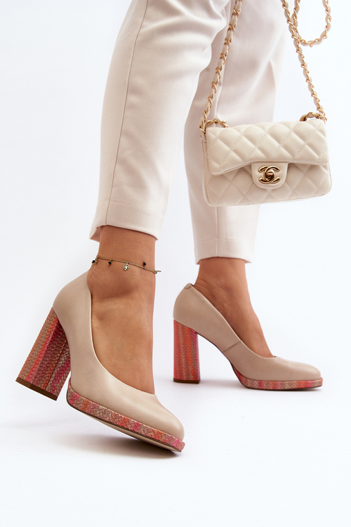 Czółenka Słupek Skóra Naturalna Beżowe Laura Messi 2746