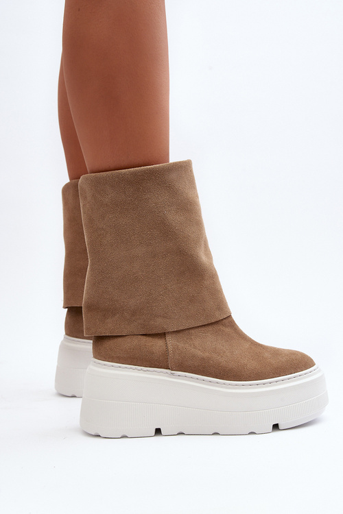 Zazoo 3410 Zamszowe Damskie Botki Masywna Platforma Beżowe