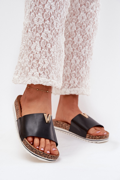 Women's Cork Platform Slippers With Decorative Detail Black Vessira