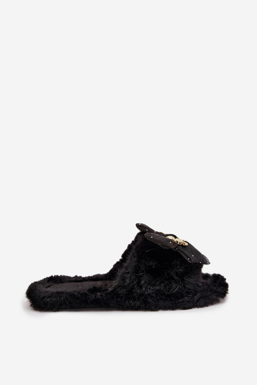 Fur Ladies Slippers With Bow And Golden Decoration Black Nolara