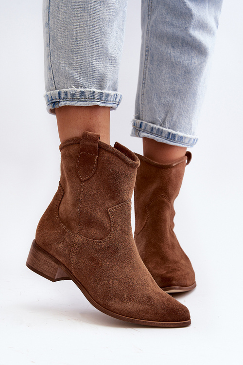 Botki Kowbojki Zamsz Niski Obcas Brązowe Zazoo 3329