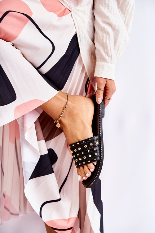 Klapki Damskie Skórzane Z Ozdobą Czarne Brien