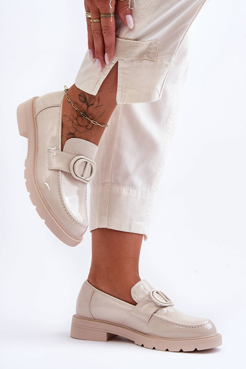 Mokasyny Damskie Lakierowane Platforma Beżowe Jarren DES939M